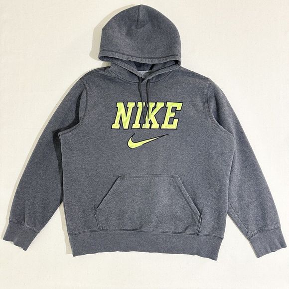 Nike Center Swoosh Hoodie Spellout Embroidered Gray Neon Pullover Sweatshirt XL - Picture 1 of 11